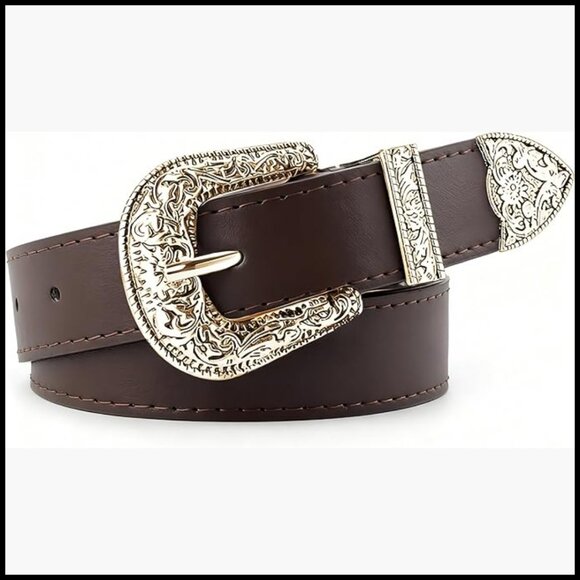 Western Engraved Buckle PU Leather Belt for Women, 1.1\